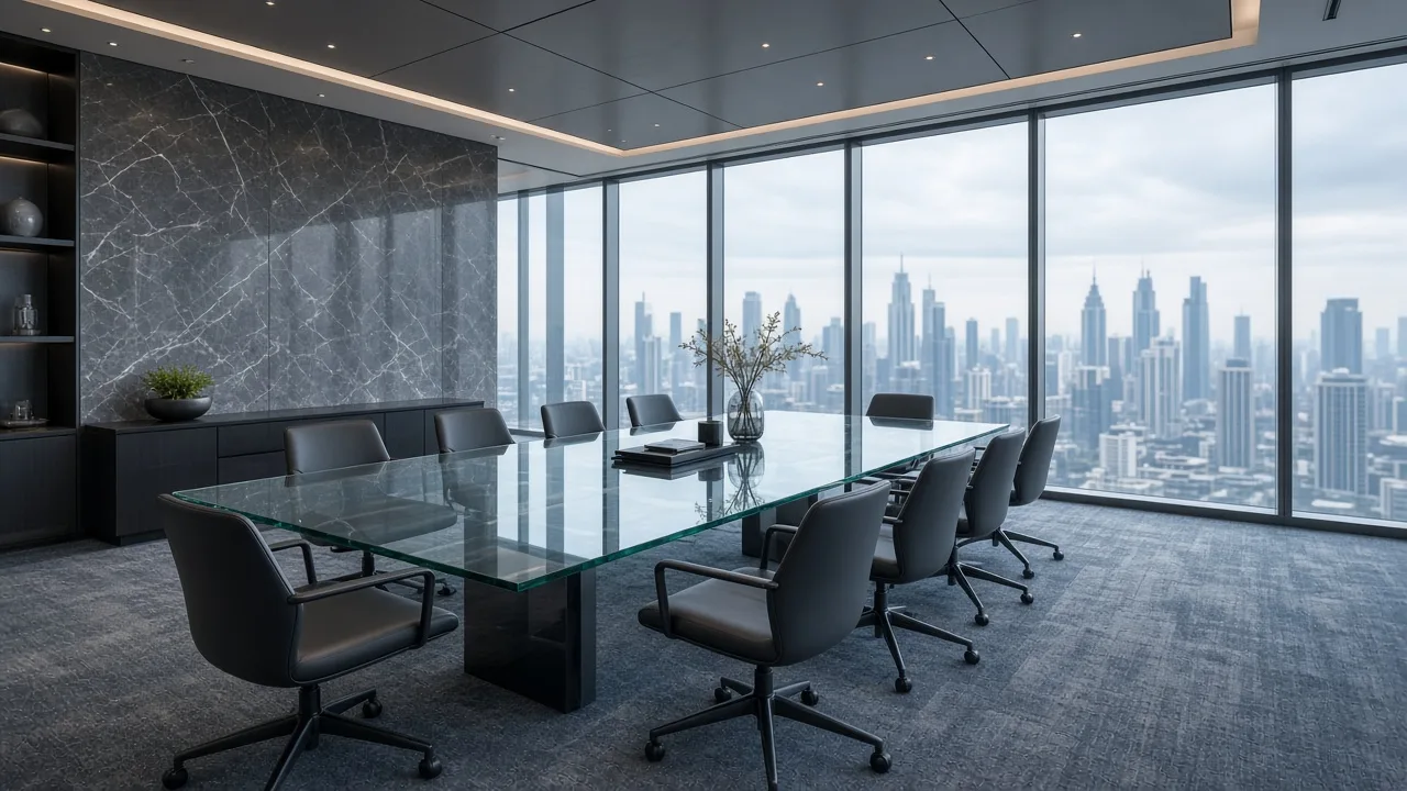 Wide conference room with glass and natural light